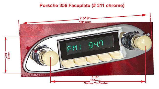 RetroSound Faceplate Bezel Chrome #311. Dimensions are approximate; knobs, accessories and radio not included.