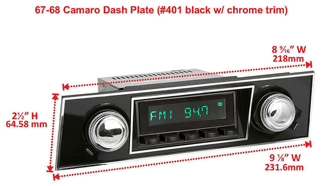 RetroSound Faceplate Bezel Black and Chrome #401. Dimensions are approximate; knobs, accessories and radio not included.