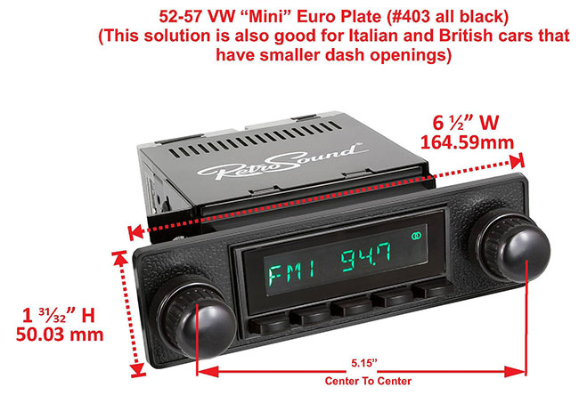 RetroSound Faceplate Bezel Black #403. Dimensions are approximate; knobs, accessories and radio not included.