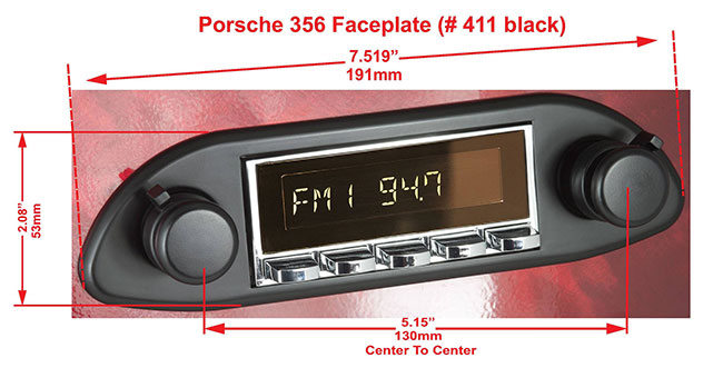 RetroSound Faceplate Bezel Black #411. Dimensions are approximate; knobs, accessories and radio not included.