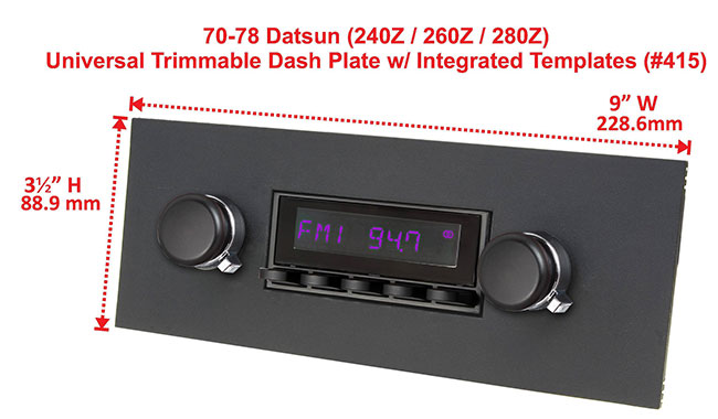 RetroSound Faceplate Bezel Black #415. Dimensions are approximate; knobs, accessories and radio not included.