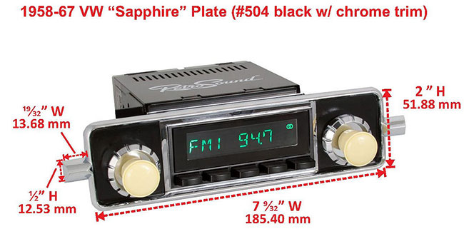 RetroSound Faceplate Bezel Black and Chrome #504. Dimensions are approximate; knobs, accessories and radio not included.