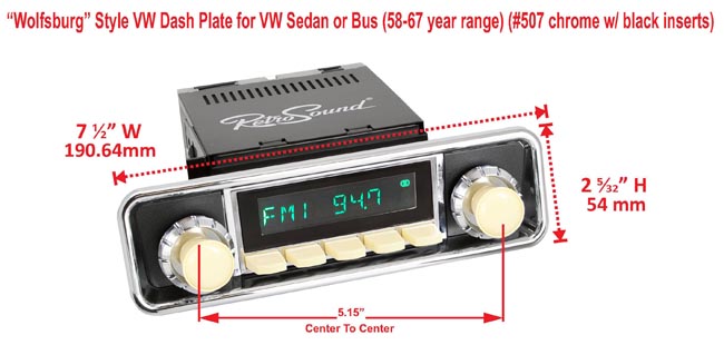 RetroSound Faceplate Bezel Black and Chrome #507. Dimensions are approximate; knobs, accessories and radio not included.