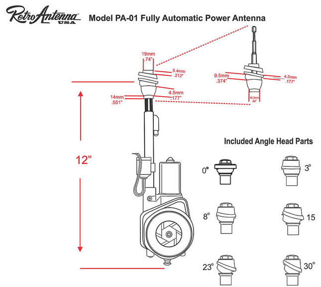 PA01 electric aerial - dimensions and included mounting heads. 