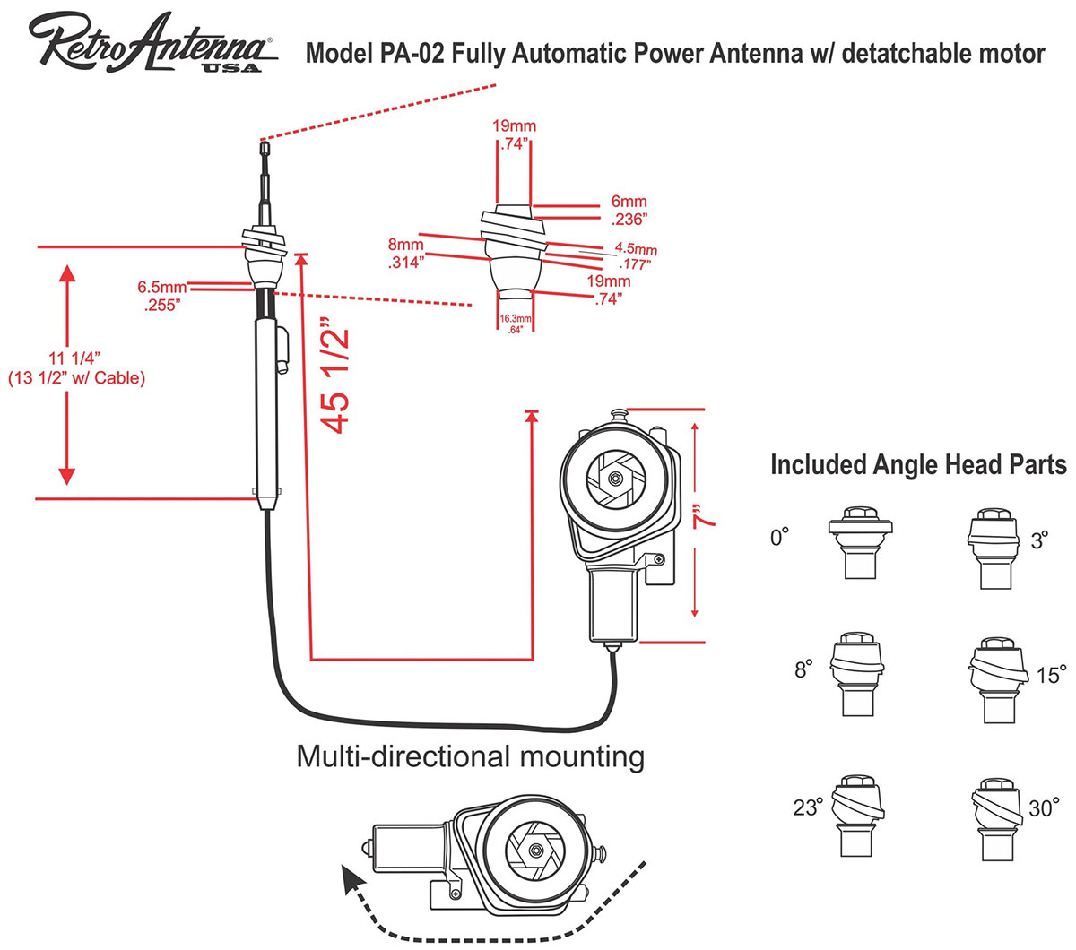 RetroSound PA02 flexible electric aerial - dimensions and included mounting heads.