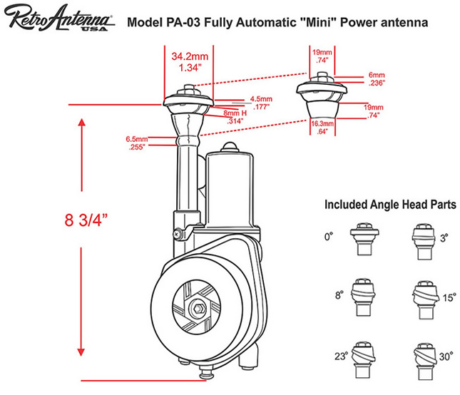 PA03 compact electric aerial - dimensions and included mounting heads. 