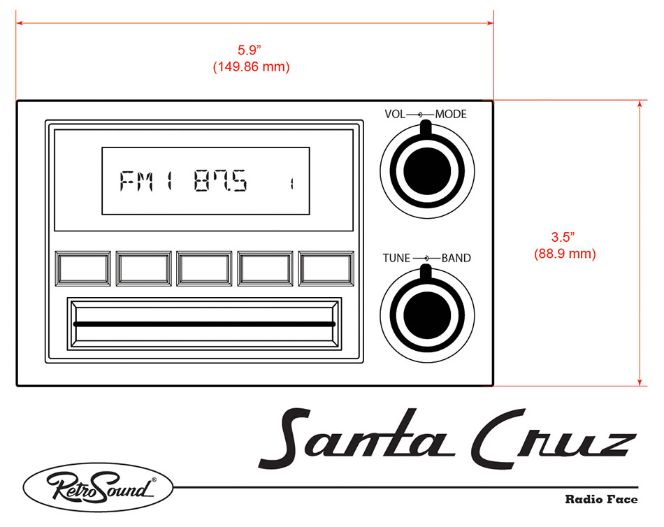 RetroRadio Santa Cruz Face Dimensions (Approx.)