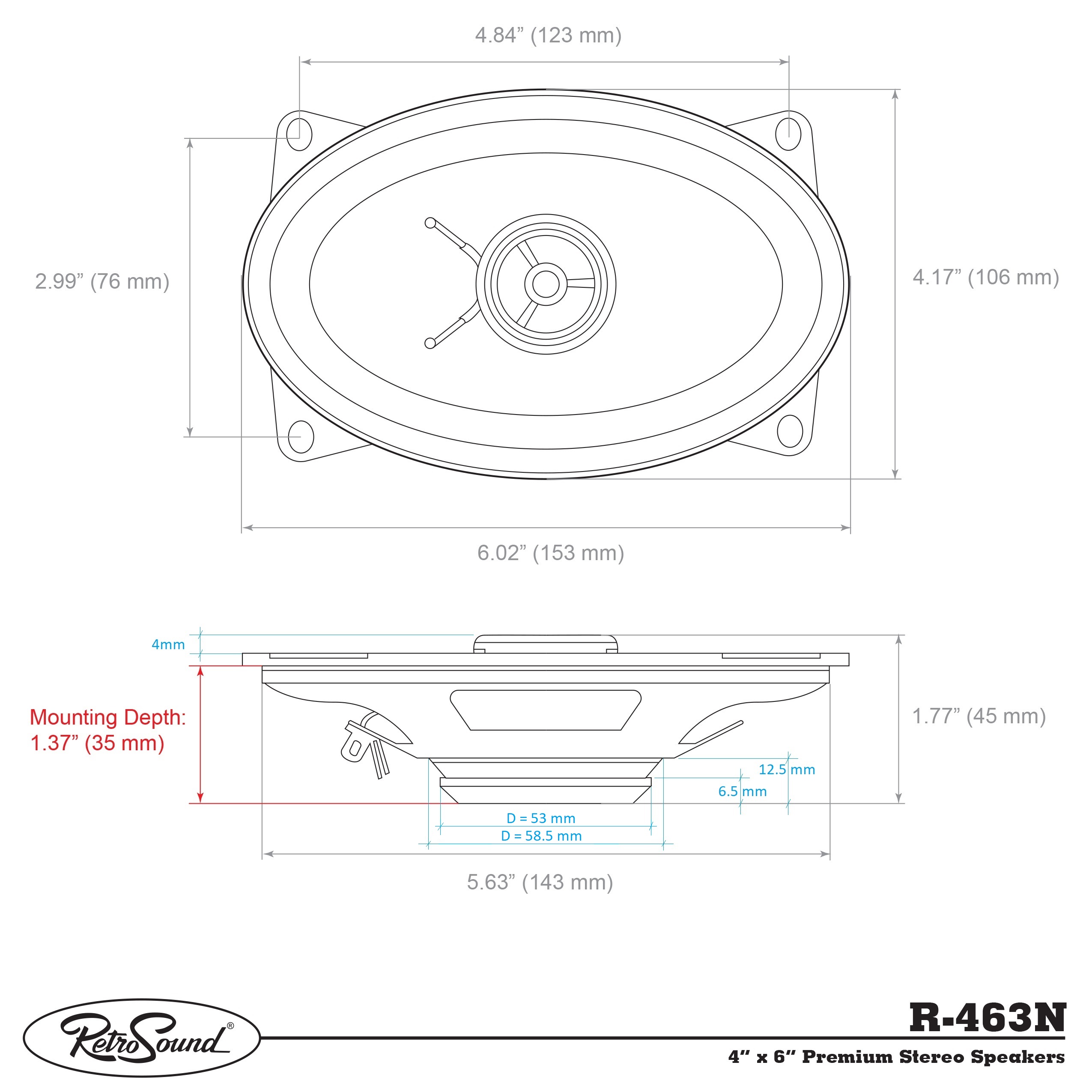 RetroSound R463N 2-Way Speaker Dimensions