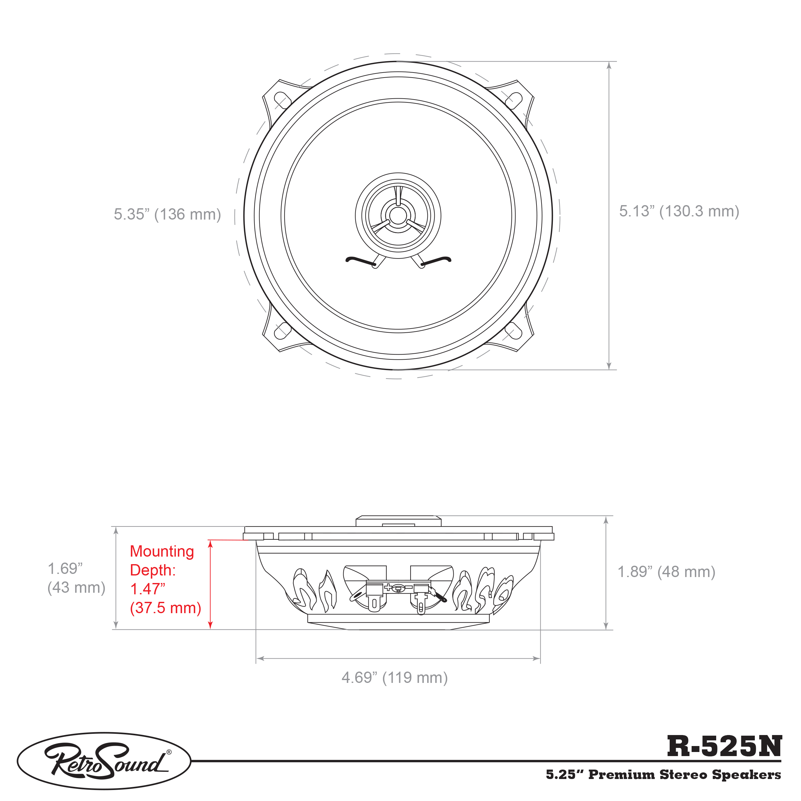 Dimensions 5.25" Retro Sound Speaker R525N (approx.)