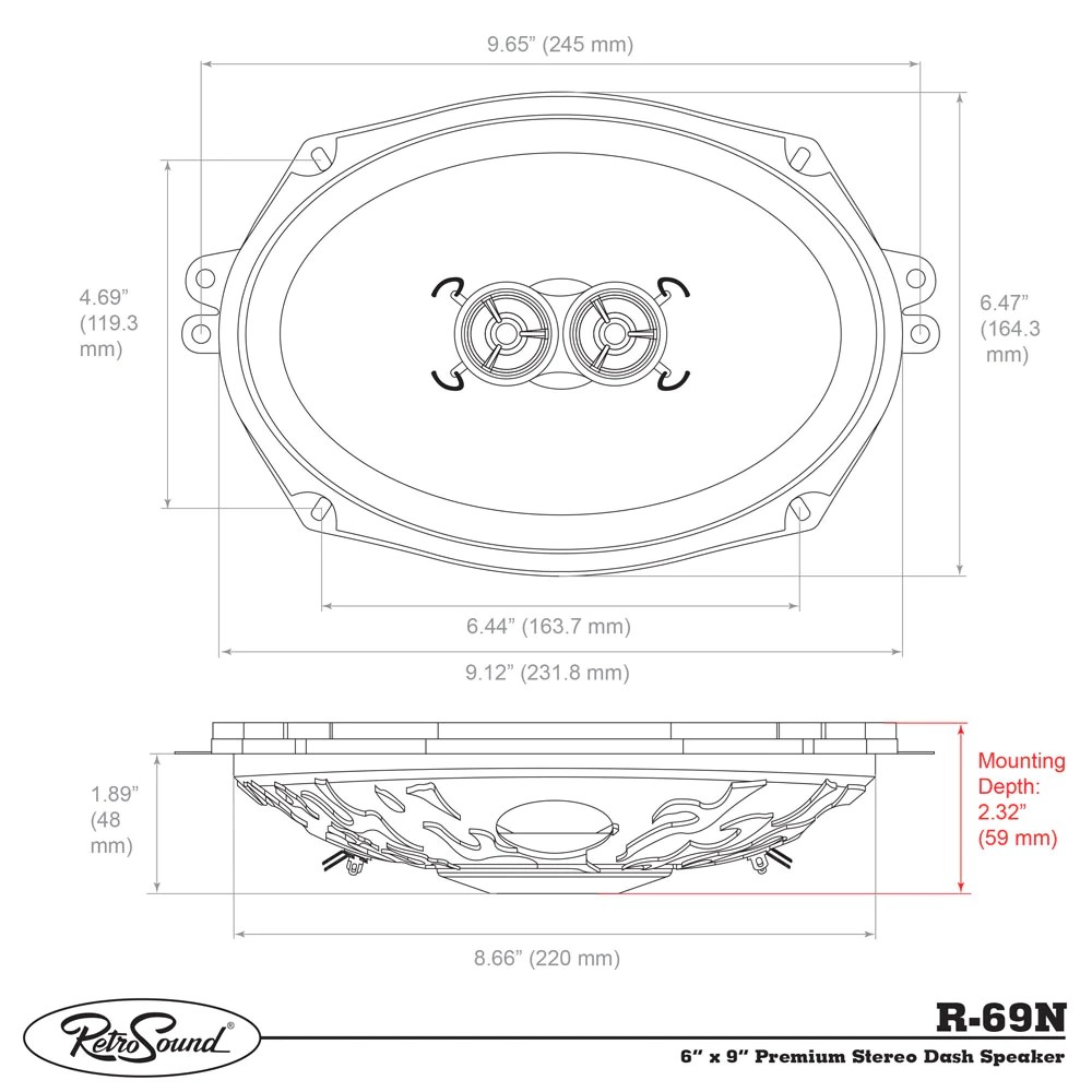 RetroSound R-69N Speaker Dual Voice Coil - dimensions (approx.)