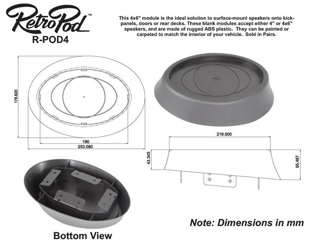 Speaker pod dimensions for RetroPod 4 (approx.)