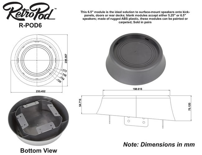 Speaker pod dimensions for RetroPod 6 (approx.)