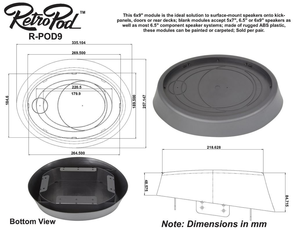 Speaker pod dimensions for RetroPod 9 (approx.)