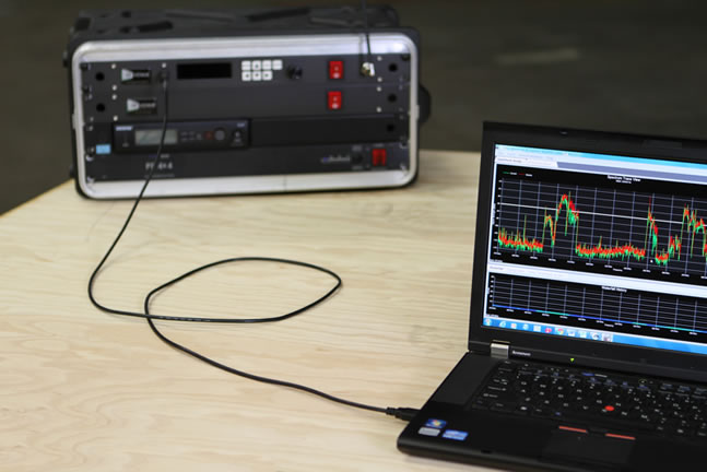 RF Venue RF Explorer Rack Pro example set-up with computer and system installation (not included).