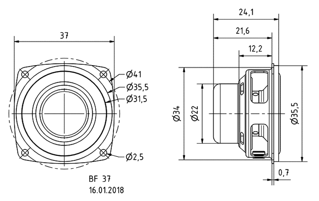 Visaton BF 37 - 8 Ohm 3.7 cm or 1.5" fullrange speaker dimensions