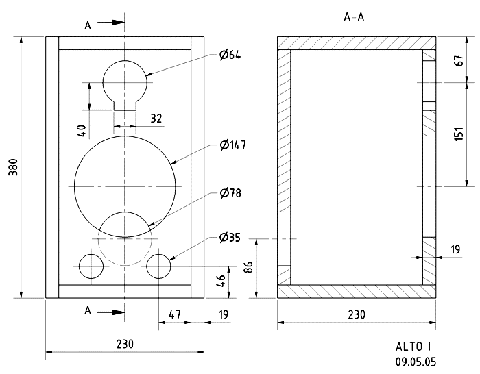 Loudspeaker Box Construction Diagram - all dimensions in mm.