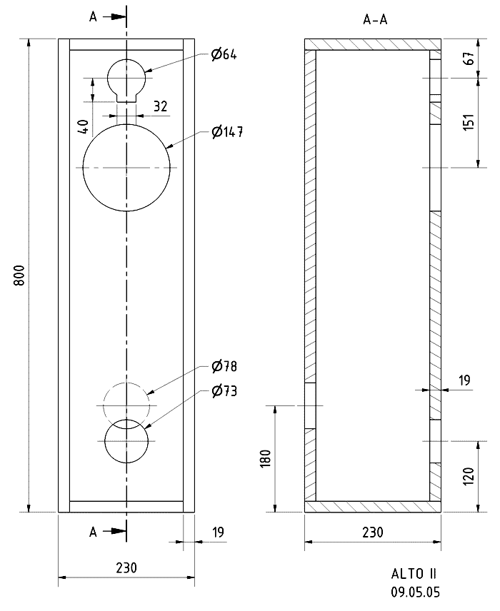 Loudspeaker Box Construction Diagram - all dimensions in mm.