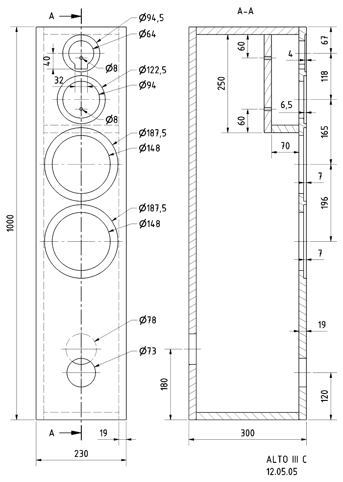 Loudspeaker Box Construction Diagram - all dimensions in mm.