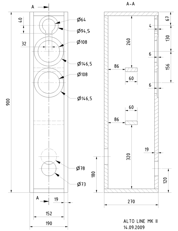 Loudspeaker Box Construction Diagram - all dimensions in mm.