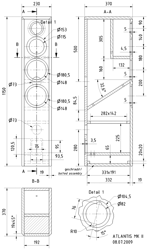 Loudspeaker Box Construction Diagram - all dimensions in mm.