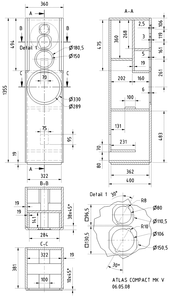 Loudspeaker Box Construction Diagram - all dimensions in mm.