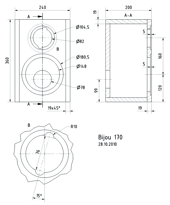 Loudspeaker Box Construction Diagram - all dimensions in mm.