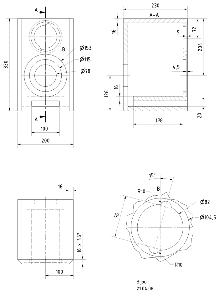 Loudspeaker Box Construction Diagram - all dimensions in mm.