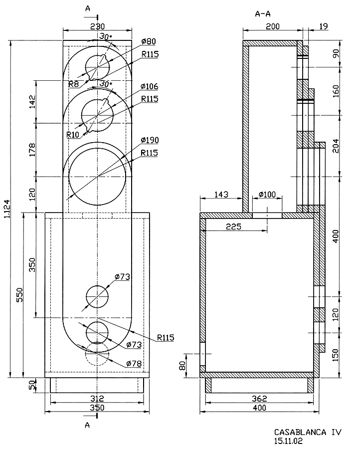 Loudspeaker Box Construction Diagram - all dimensions in mm.