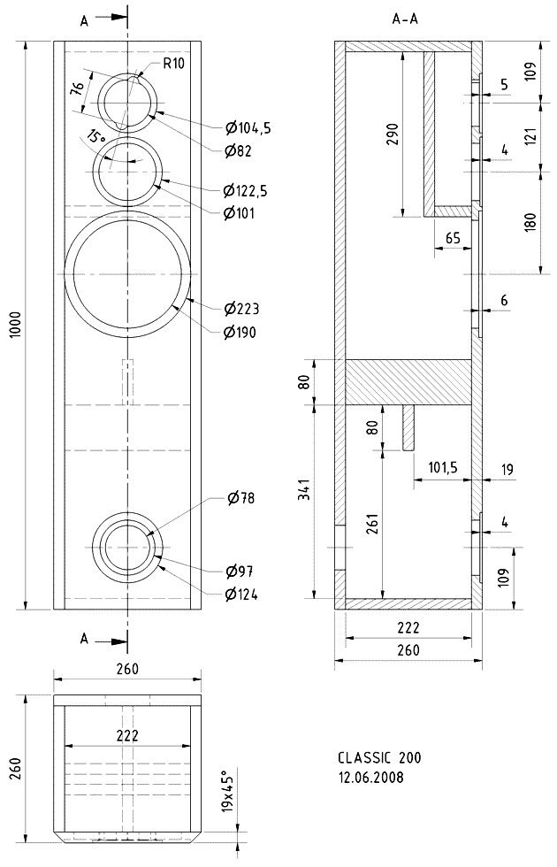 Loudspeaker Box Construction Diagram - all dimensions in mm.