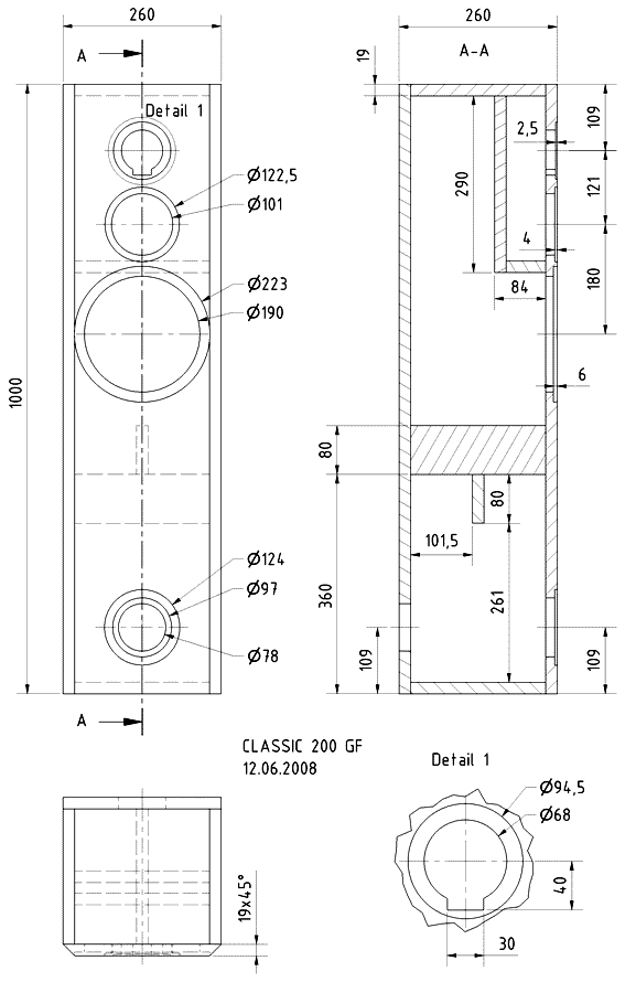 Loudspeaker Box Construction Diagram - all dimensions in mm.