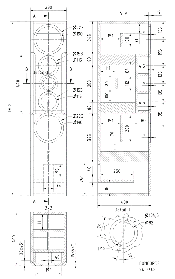 Loudspeaker Box Construction Diagram - all dimensions in mm.