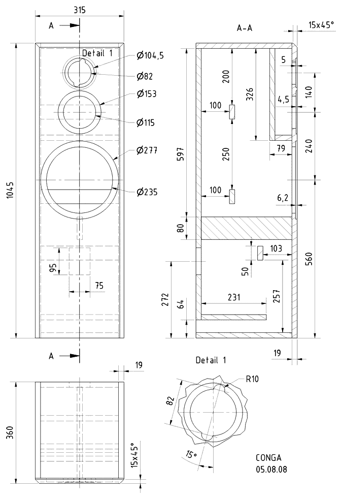 Loudspeaker Box Construction Diagram - all dimensions in mm.