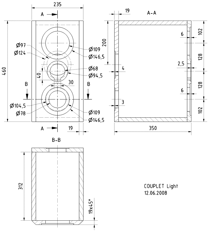 Loudspeaker Box Construction Diagram - all dimensions in mm.