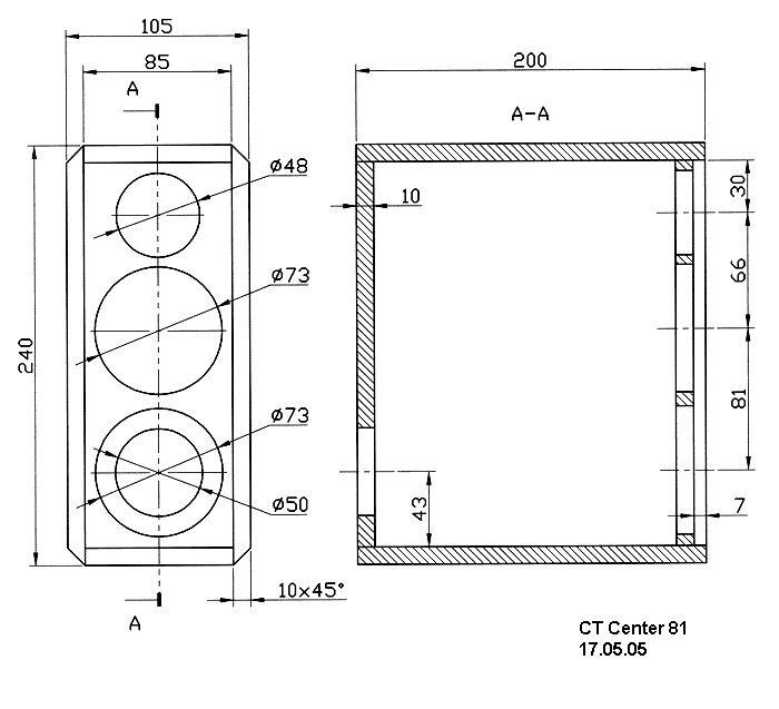 Loudspeaker Box Construction Diagram - all dimensions in mm.