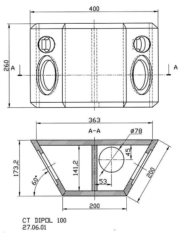 Loudspeaker Box Construction Diagram - all dimensions in mm.