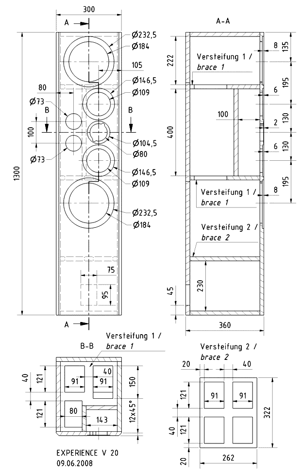 Loudspeaker Box Construction Diagram - all dimensions in mm.