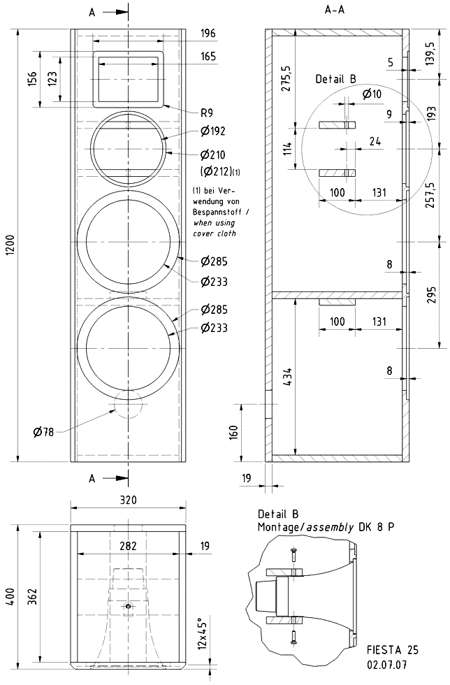 Loudspeaker Box Construction Diagram - all dimensions in mm.