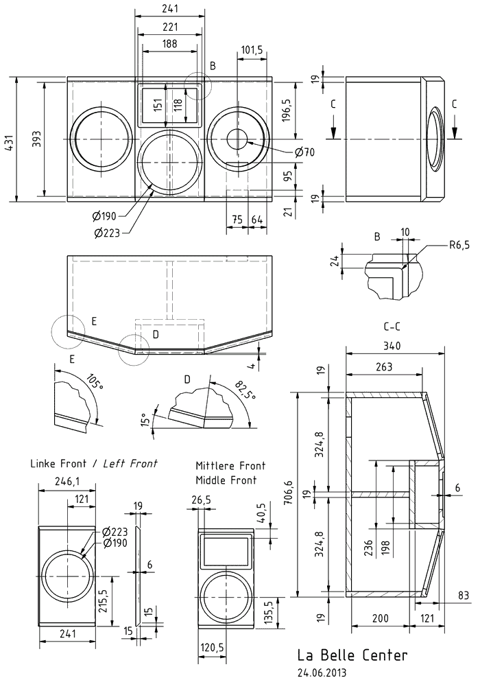 Loudspeaker Box Construction Diagram - all dimensions in mm.