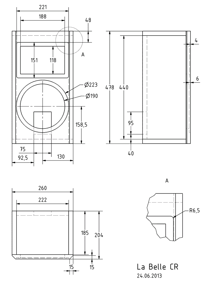 Loudspeaker Box Construction Diagram - all dimensions in mm.