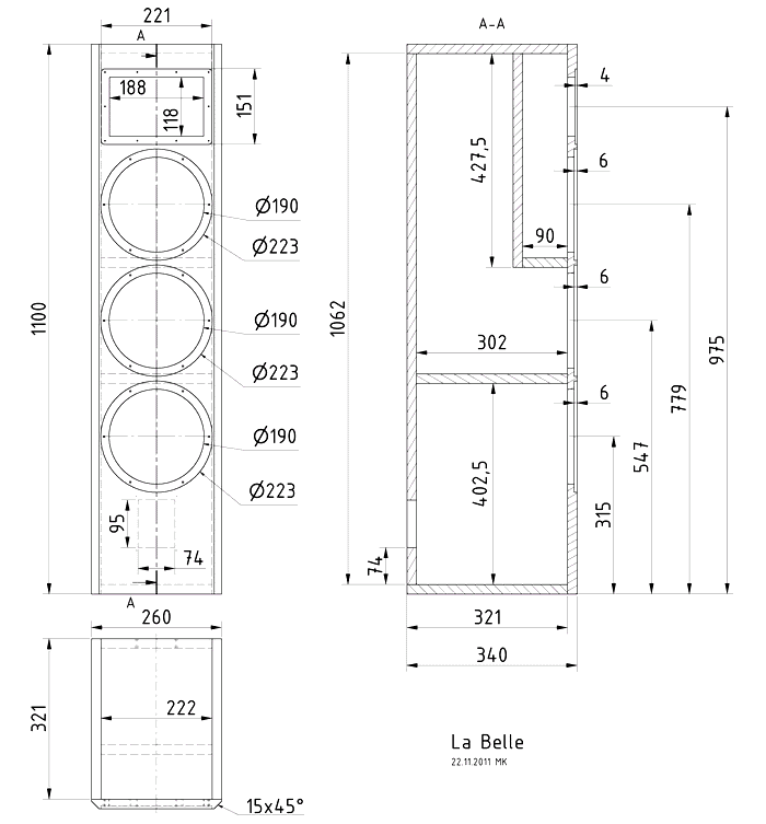 Loudspeaker Box Construction Diagram - all dimensions in mm.