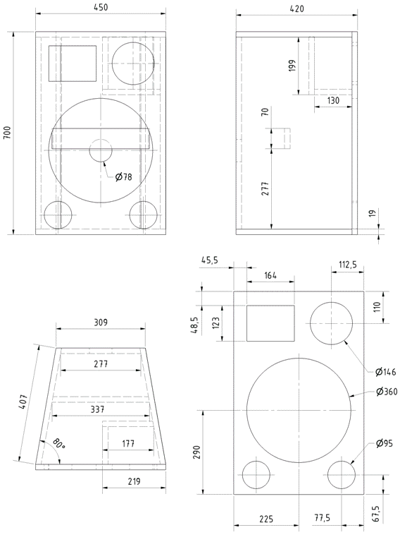 Loudspeaker Box Construction Diagram - all dimensions in mm.
