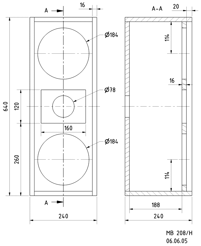 Loudspeaker Box Construction Diagram - all dimensions in mm.