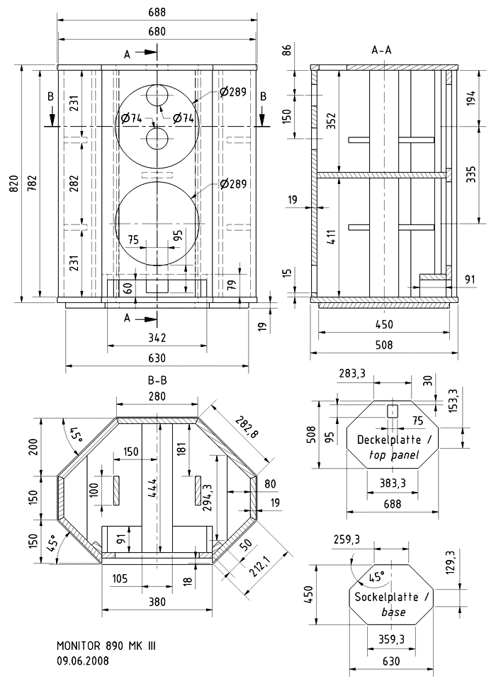 Loudspeaker Box Construction Diagram - all dimensions in mm.