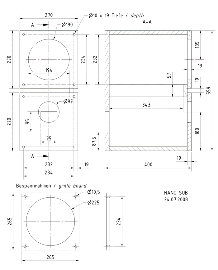 Loudspeaker Box Construction Diagram - all dimensions in mm.