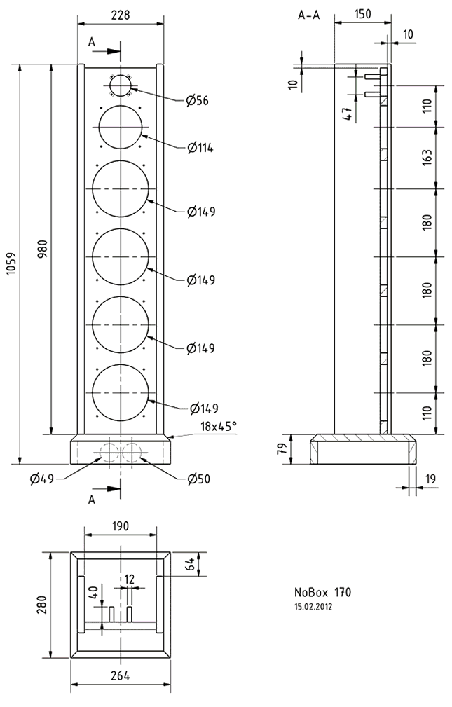 Loudspeaker Box Construction Diagram - all dimensions in mm.