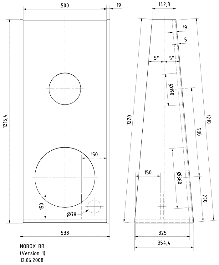 Loudspeaker Box Construction Diagram - all dimensions in mm.