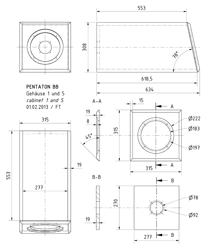 Loudspeaker Box Construction Diagram - all dimensions in mm.