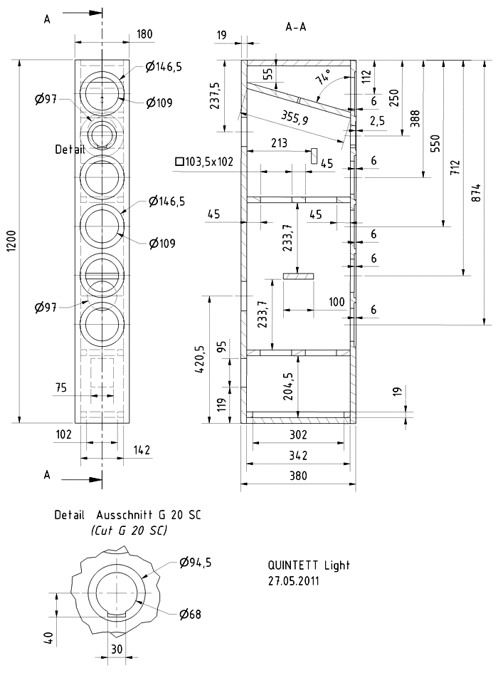 Loudspeaker Box Construction Diagram - all dimensions in mm.