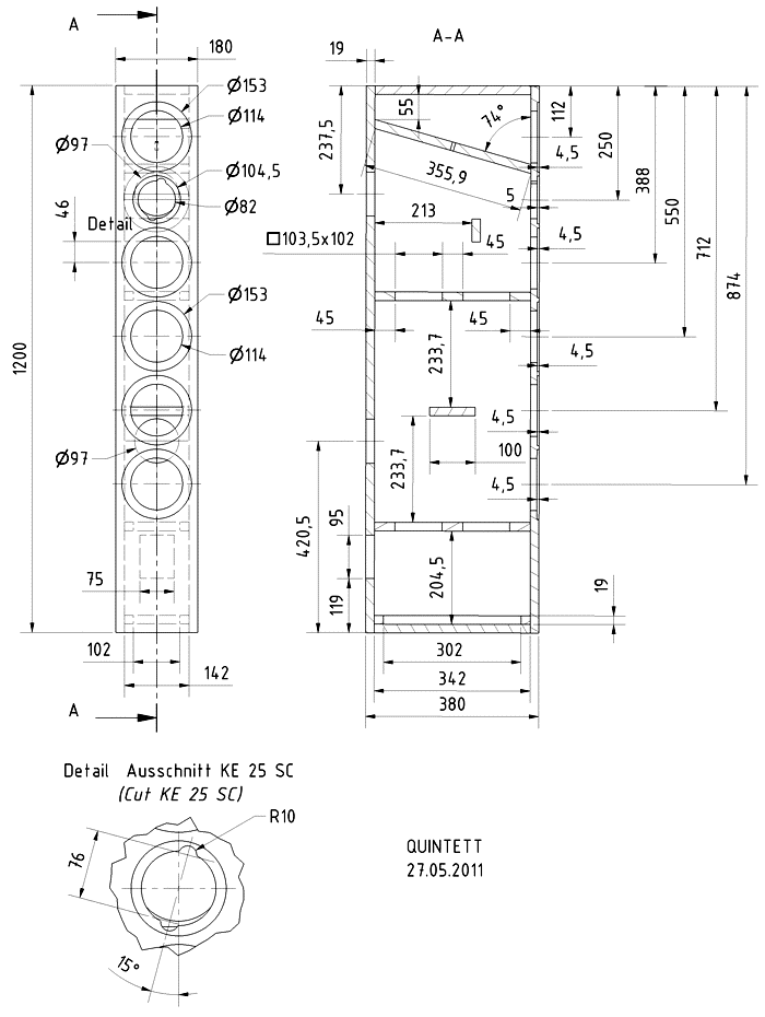 Loudspeaker Box Construction Diagram - all dimensions in mm.