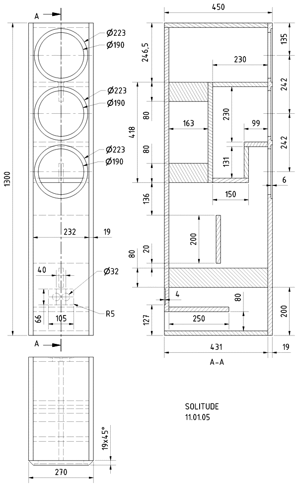 Loudspeaker Box Construction Diagram - all dimensions in mm.